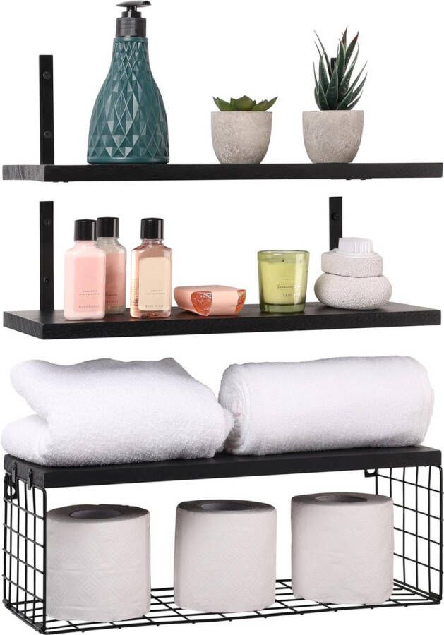 Set van 3 houten wandplanken 42 cm lang rustiek zwevend rek met mand wandplank badkamer slaapkamer woonkamer keuken of kantoor zwart