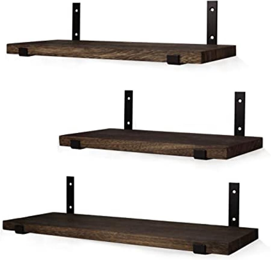 Set van 3 Houten Wandplanken Drijvende Wandplanken 42 36 en 30 CM x 15 CM Duurzame Planken Donkerbruin