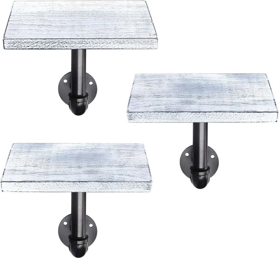 Set van 3 Houten Wandplanken met Industriële Metalen Pijp Decoratieve Muurplanken 20 x 15 cm Wit