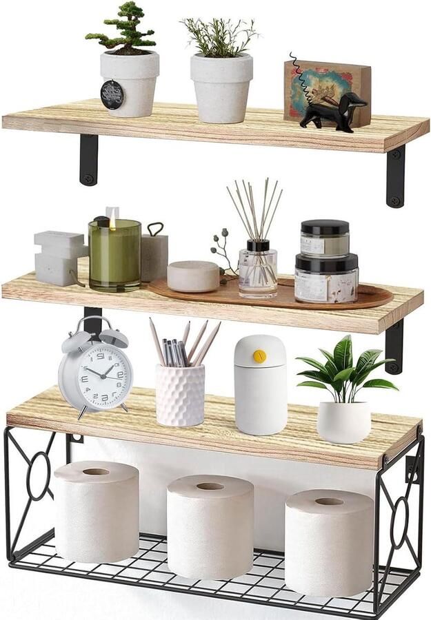 Set van 3 houten wandplanken met opbergmand zwevende planken geschikt voor woonkamer slaapkamer kantoor 3 stuks bruin hout metaaldraad