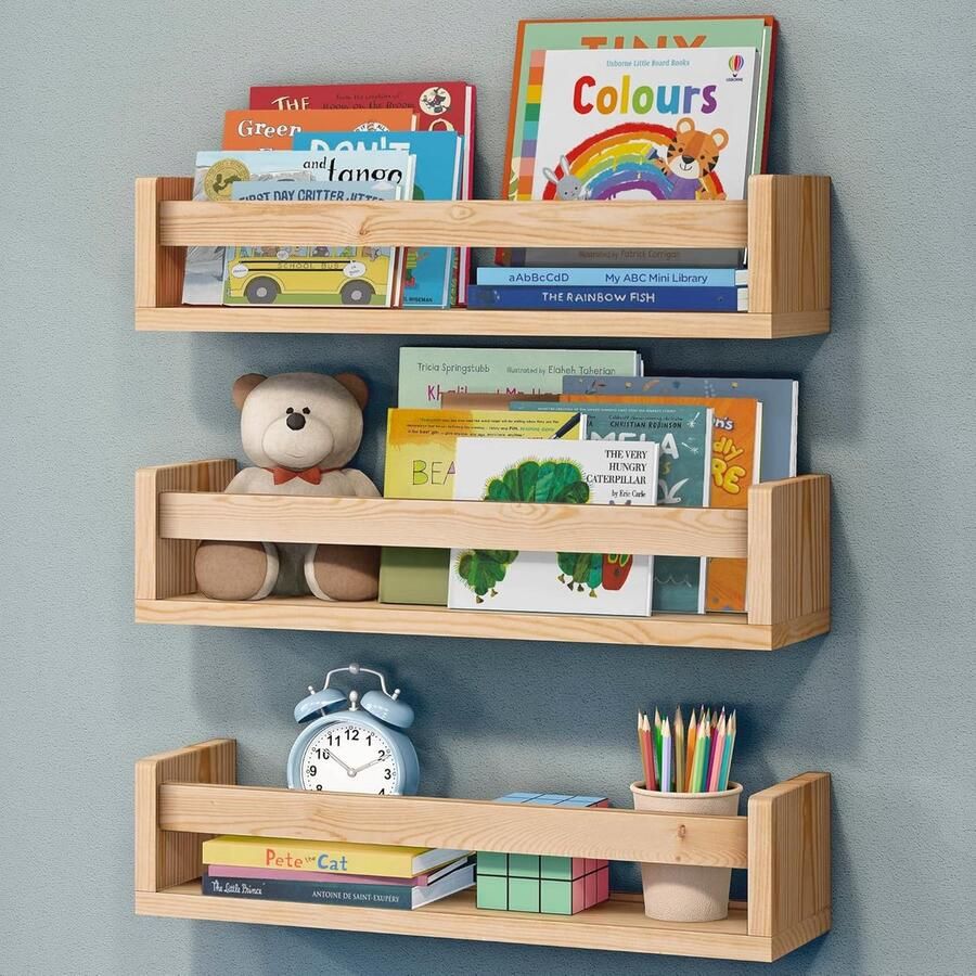 Set van 3 houten wandplanken Montessori-boekenkast 41 cm natuurlijk hout