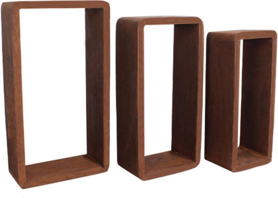 Set van 3 houten wandplanken rechthoekige boekenrekken in donkerbruin rustiek woonaccessoires – afmetingen: 39 x 21 x 10 cm (h x l x b)