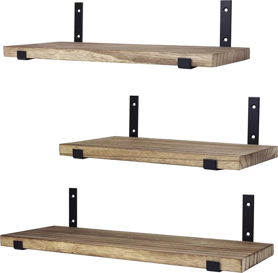Set van 3 Houten Zwevende Wandplanken Decoratieve Muurplanken van 42 36 en 30 CM voor Thuis Lichtbruin