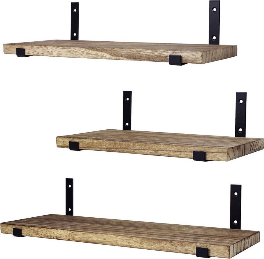 Set van 3 Houten Zwevende Wandplanken met Plankendragers 42 36 en 30 CM * 15 CM Muurplanken Wandschappen Hout Donkerbruin