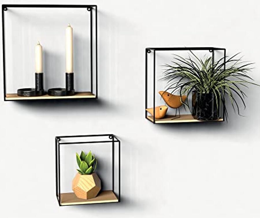 Set van 3 Industrieel Wandplanken Zwevende Planken van Hout en Zwart Metaal voor Woonkamer Keuken of Hal