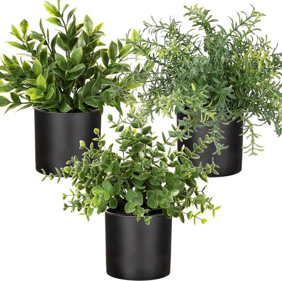 Set van 3 kleine nepplanten in pot kunstplanten faux eucalyptus rozemarijn groen decoratieve nep kamerplanten voor thuiskantoor balkon bureau plank badkamer decoratie