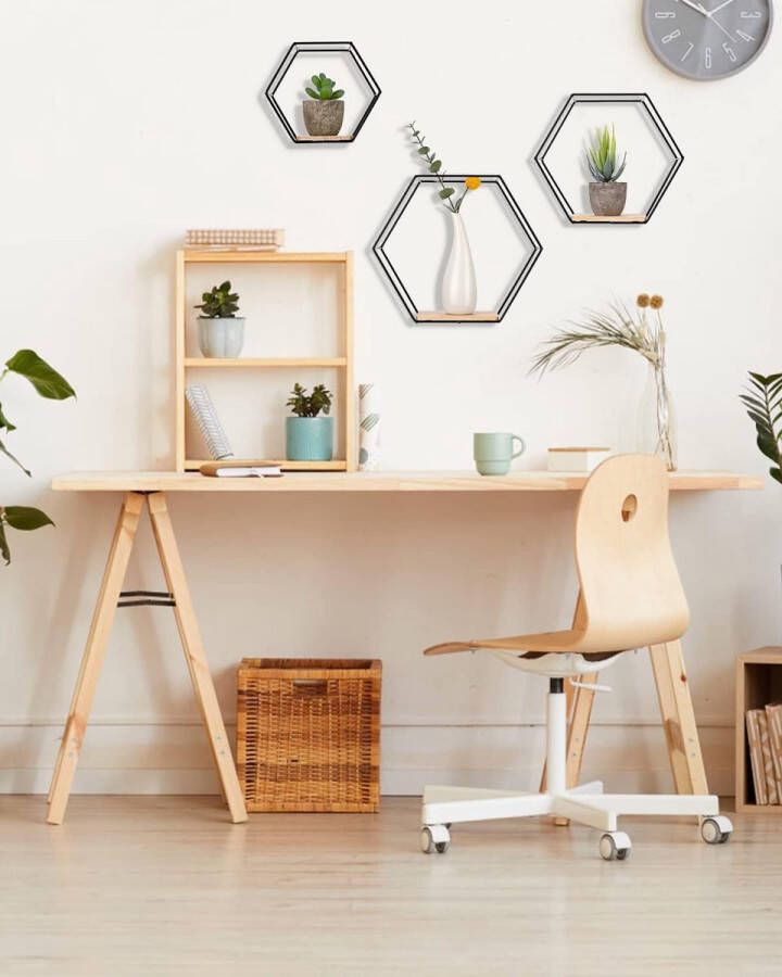 Set van 3 kleine zeshoekige wandplanken opbergrek frame decoratie metalen hoek industrieel - Foto 2