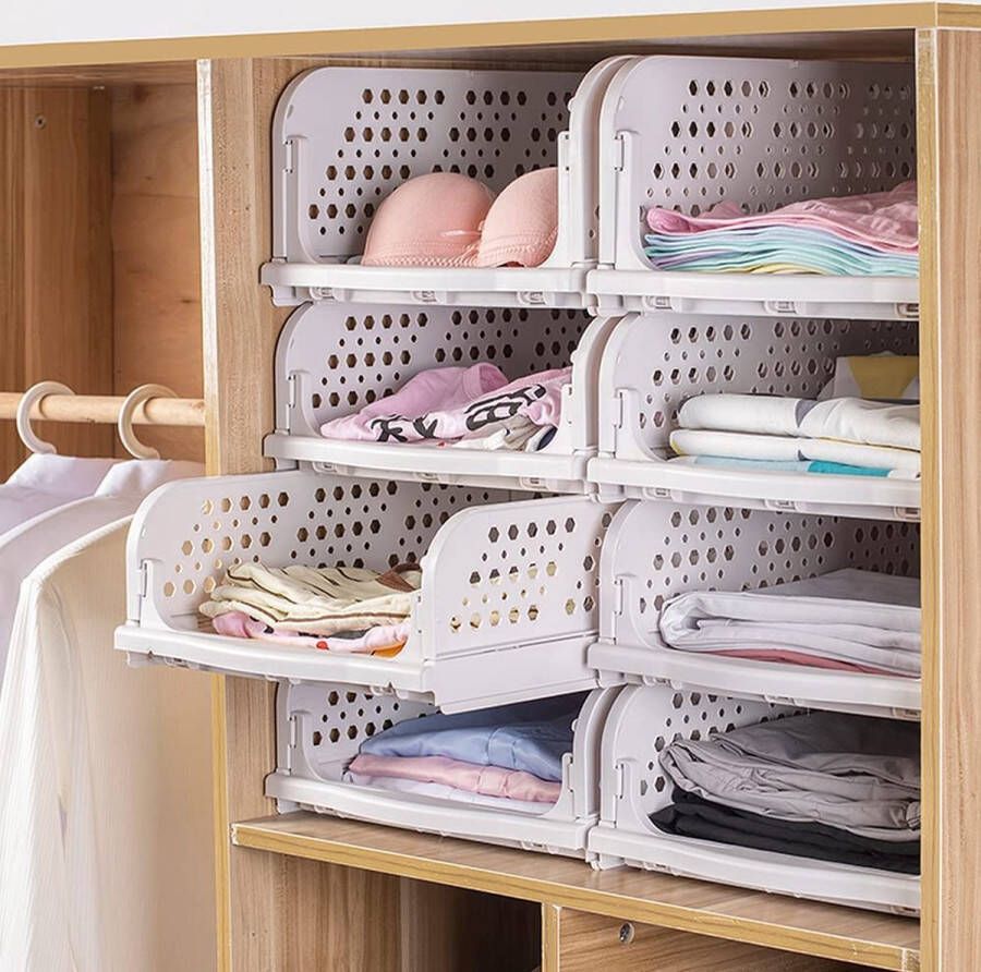 Set van 3 ladeboxen kledingkast ladeboxen stapelbaar rek voor kledingkast binnen opvouwbare opbergkisten lade wit stapelladen voor kleding slaapkamer keuken badkamer