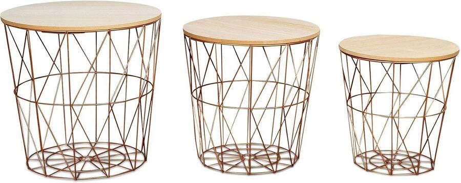 Set van 3 Metalen Bijzettafels met Deksel Draadmanden in Koper voor Moderne Interieur