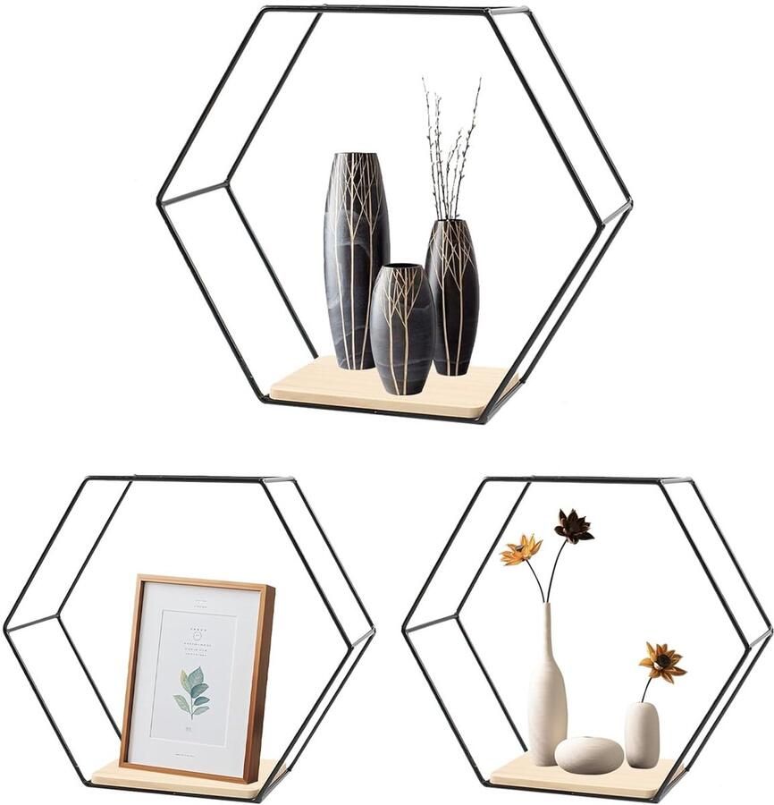 Set van 3 metalen zeshoekige wandplanken multifunctioneel modern design