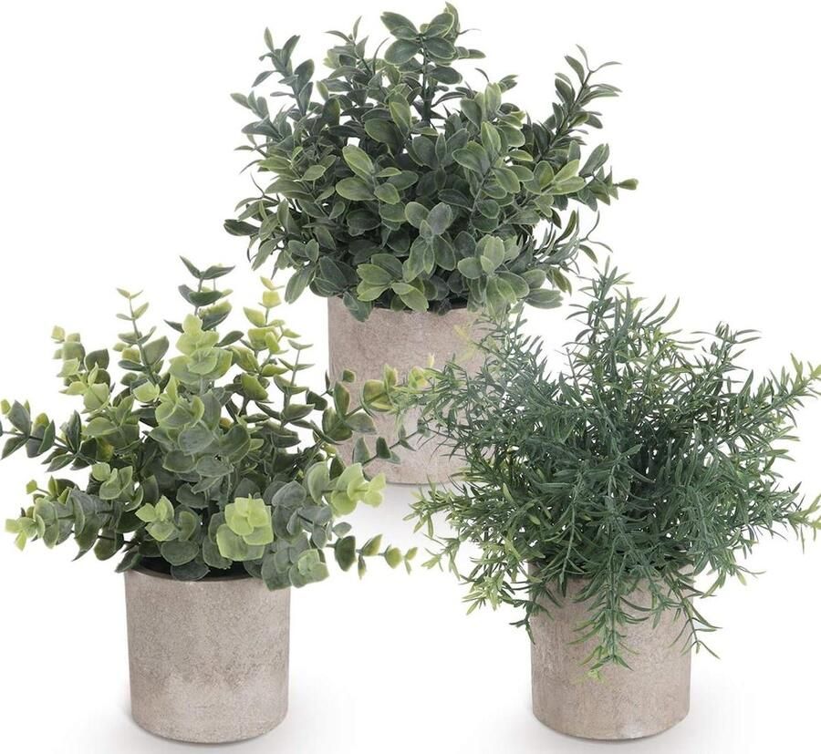 Set van 3 mini kunstplanten Plastic Eucalyptus en Faux Rozemarijn planten voor binnen- en buitenhuisdecoratie Onweerstaanbare potplanten voor thuis tuin bureau en douche