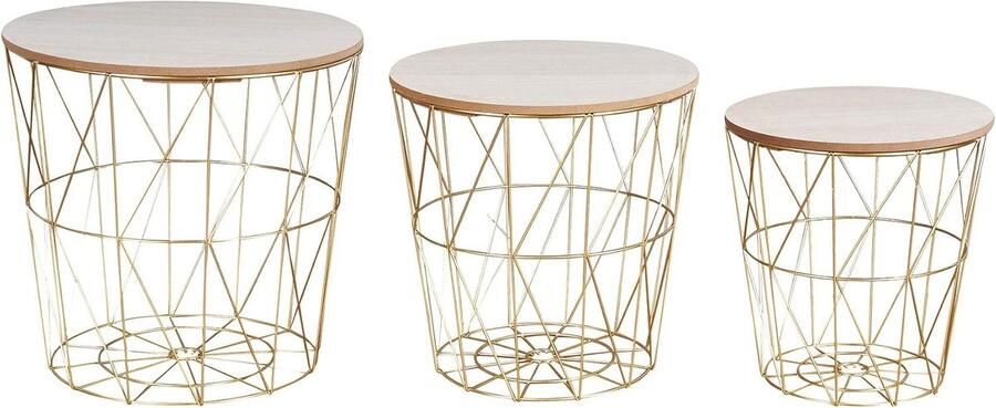 Set van 3 Moderne Bijzettafels met Metalen Mand en Deksel Gouden Draadmanden en Houten Accenten voor Stylish Opslag