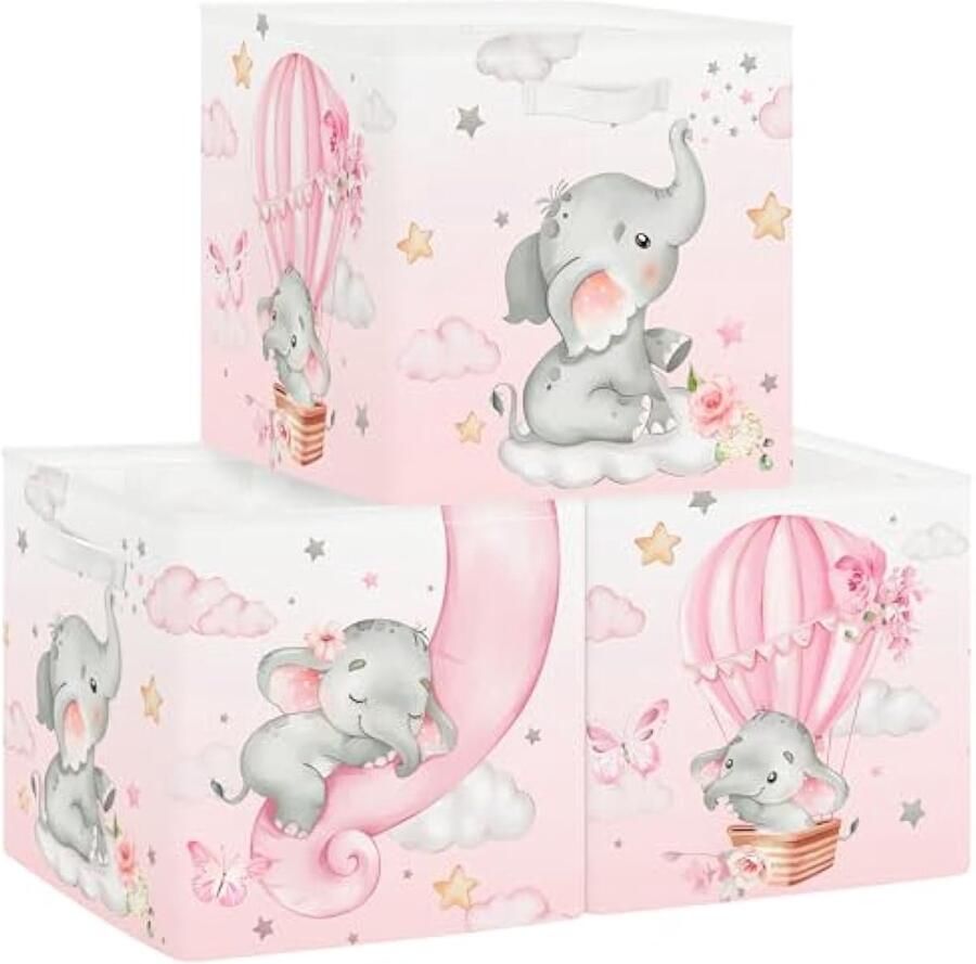 Set van 3 Opbergdozen Droomdier Opbergkubussen voor Kast Ster Wolken Ballon Kleding Mand voor Kinderen Speelgoedkist en Boeken voor Kinderkamer Olifant 30x30x30 cm