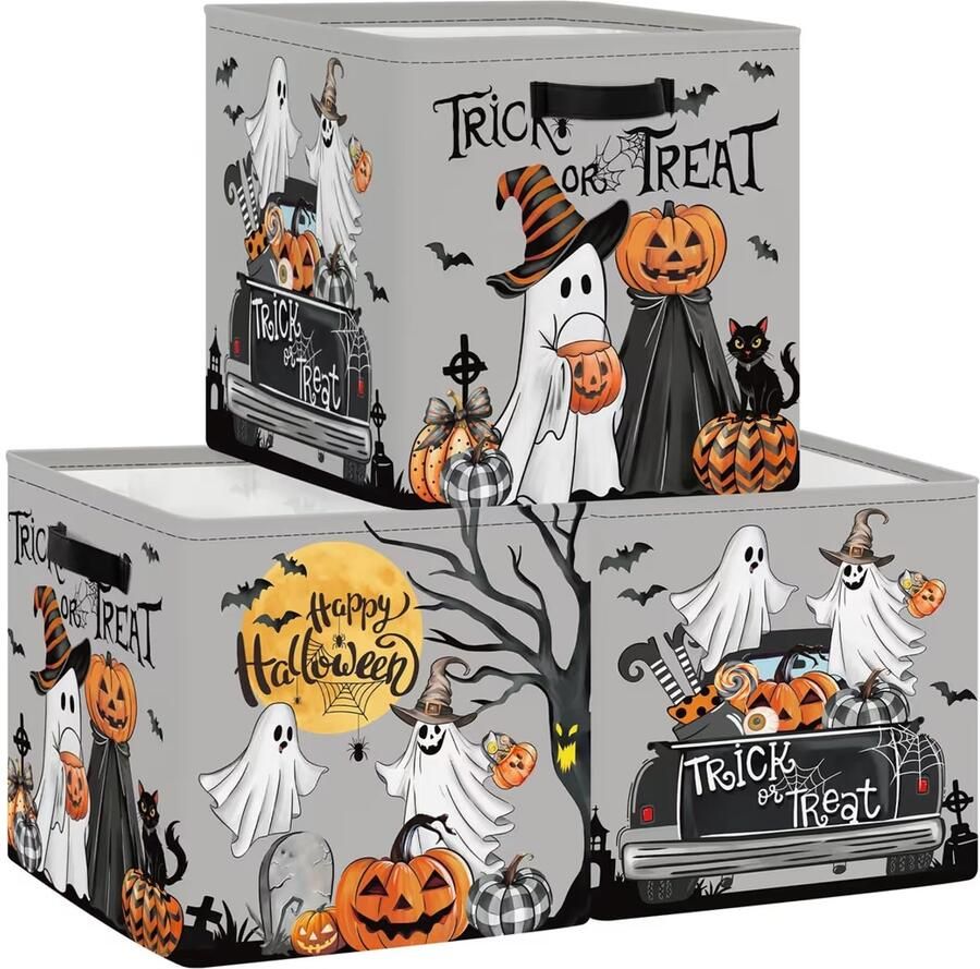 Selbro Set van 3 Opbergdozen Griezelig Halloween Opbergkubussen voor Kast Pompoen Boe Spook Vleermuis Kleding Mand voor Kinderen Speelgoedkist en Boeken voor Kinderkamer Zwarte Katten 30x30x30 cm - Foto 2