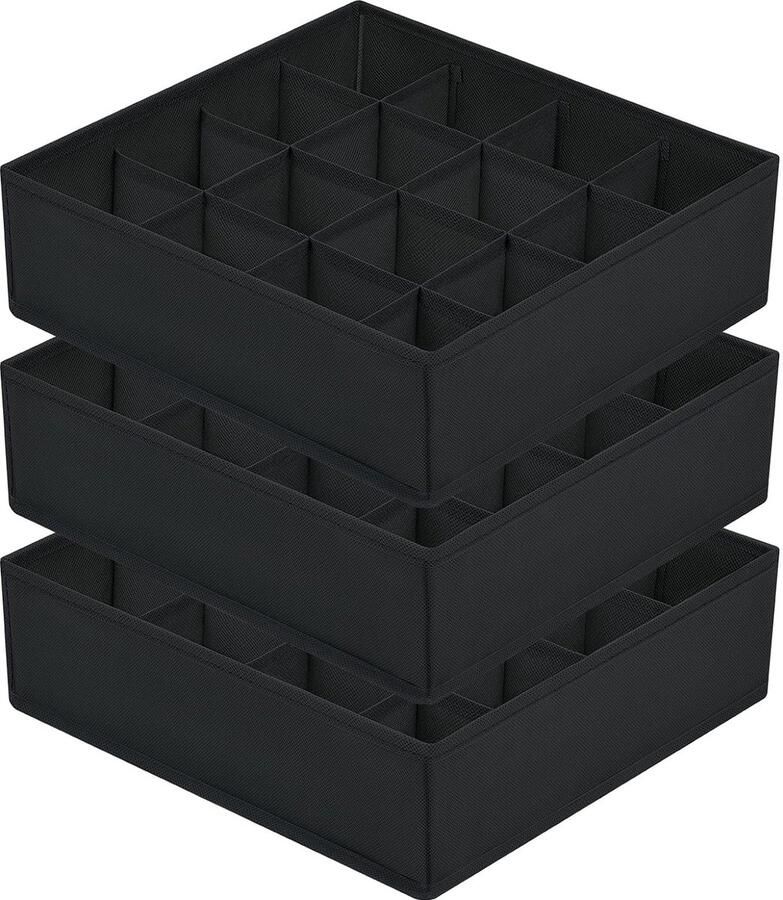 Set van 3 opbergdozen lade-organizer met 16 cellen opvouwbare kledingkast-sokken-organizer lade-organizer-systeem voor ondergoed sokken stropdassen zwart