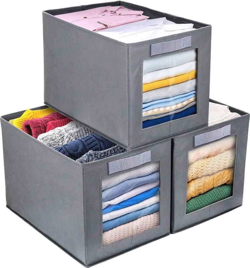Set van 3 opbergdozen vouwdoos met transparant kijkvenster opvouwbare opbergdoos met lus voor kledingkast kleding boeken cosmetica speelgoed enz