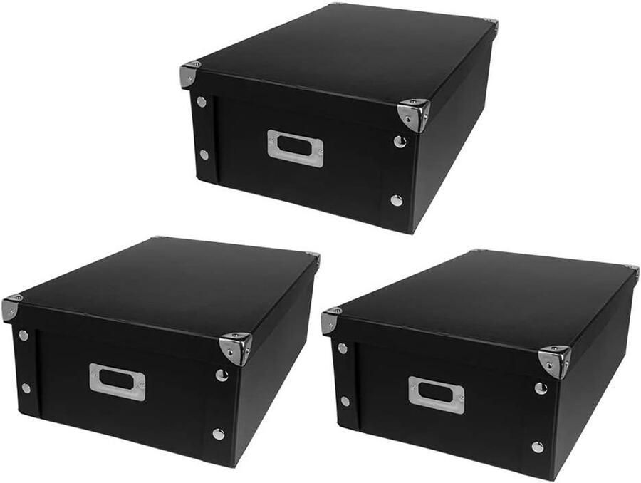 Organizerdozen set van 3 opbergdoos met deksel opvouwbaar gemaakt van karton en metaal elk 40 5 cm x 28 cm x 14 5 cm (zwart)