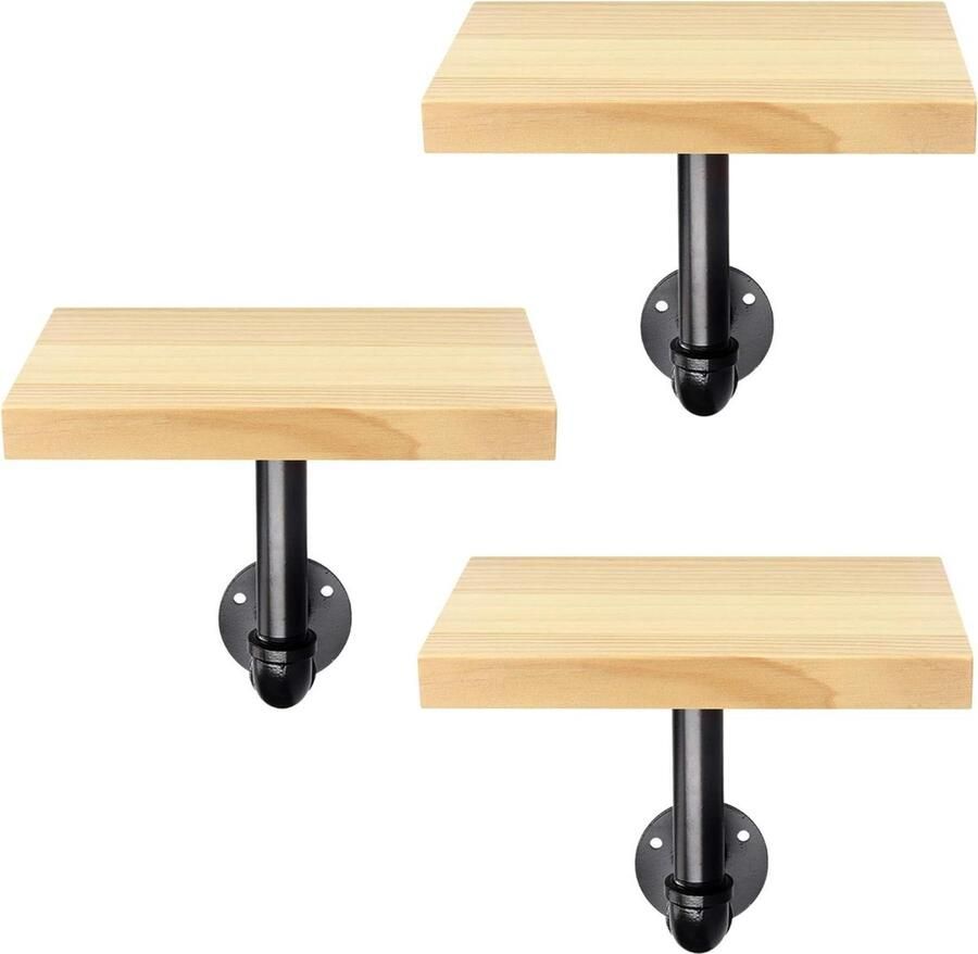 Set van 3 Rechthoekige Houten Wandplanken Industriële Metalen Pijp Muurplanken 20 x 15 x 2 cm Lichtbruin