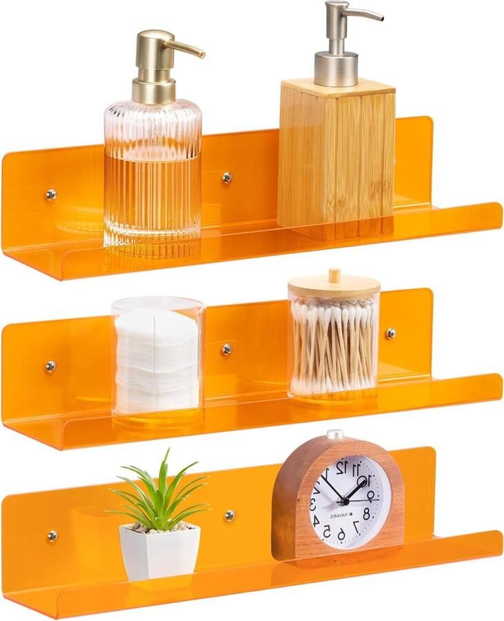 Set van 3 retro acryl wandplanken boekenplanken 3 stuks oranje acryl 38 x 10 2 x 7 6 cm