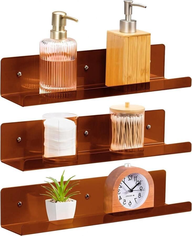 Set van 3 retro acryl wandplanken wandrek 3 stuks bruin acryl 38 x 10 2 x 7 6 cm