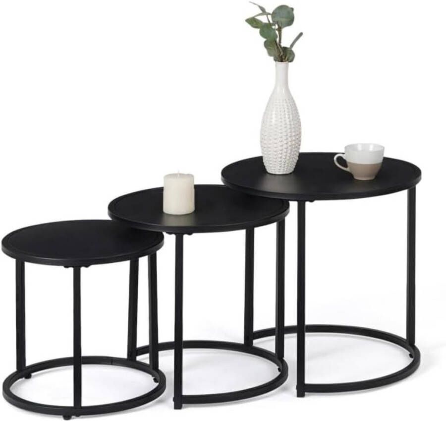 Set van 3 ronde Davis salontafels 35 40 45 van metaal mat zwart industrieel design 3 stuks