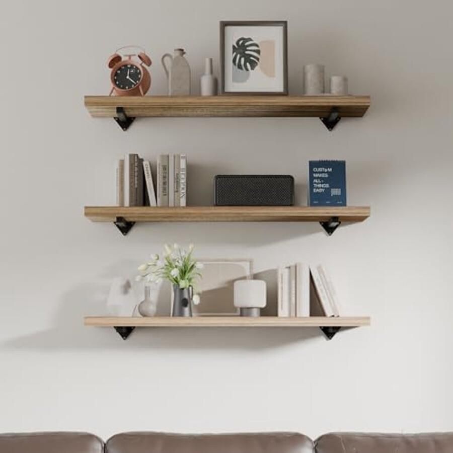 Set van 3 Rustieke Houten Wandplanken met Metalen Houders voor de Woonkamer Slaapkamer en Badkamer