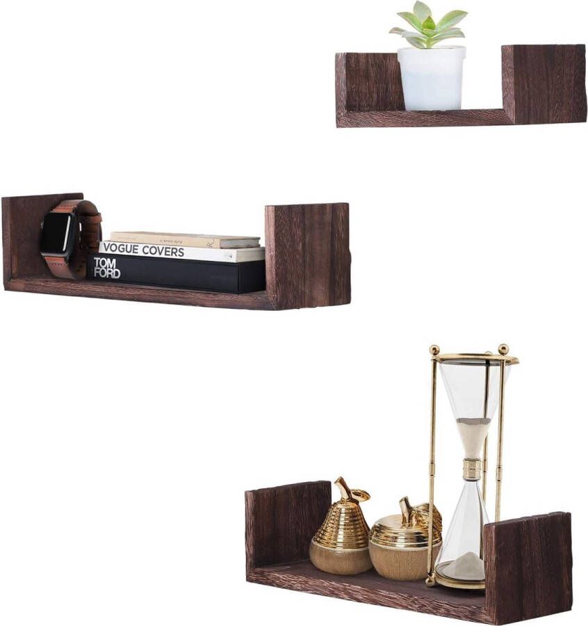 Set van 3 Rustieke U-vormige Drijvende Planken voor Muurbevestiging Inclusief Schroeven en Ankers Voor Slaapkamer Woonkamer en meer Boerderijstijl Wanddecoratie Bruin