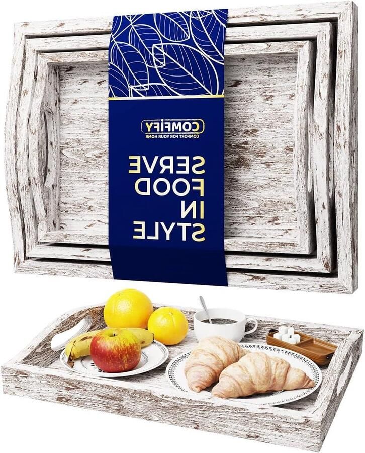 Set van 3 Rustieke Witte Houten Dienbladen Grote Middelgrote en Kleine Nesting Dienbladen Ontbijt Koffietafel Butler Dienbladen Multifunctionele Bed Dienbladen Comfif wooden tray