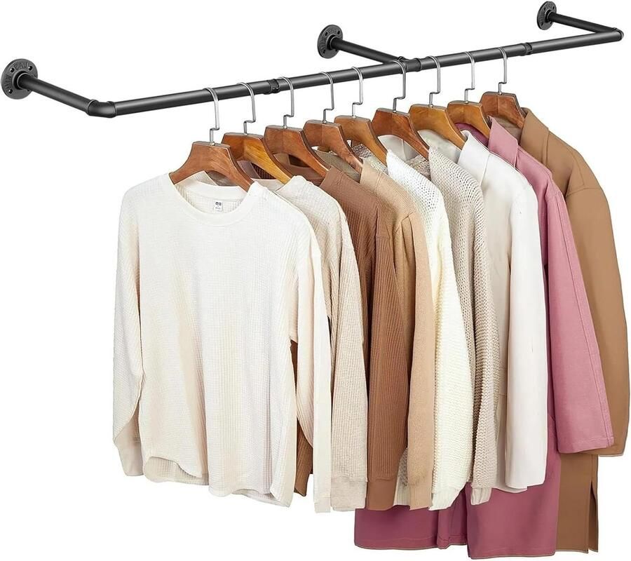 Allecto Plus Wandmontage Kledingstang 184 cm Ruimtebesparend Metalen Garderobestang Industriële Buizen Zwart Voor Slaapkamer Gebruik