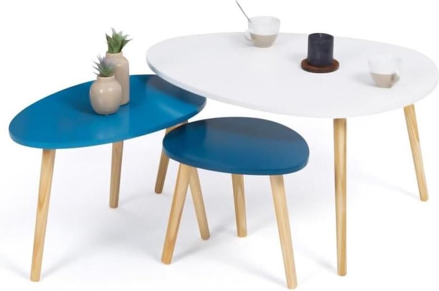 Set van 3 uittrekbare salontafels Gaia gelakt wit Scandinavisch blauw