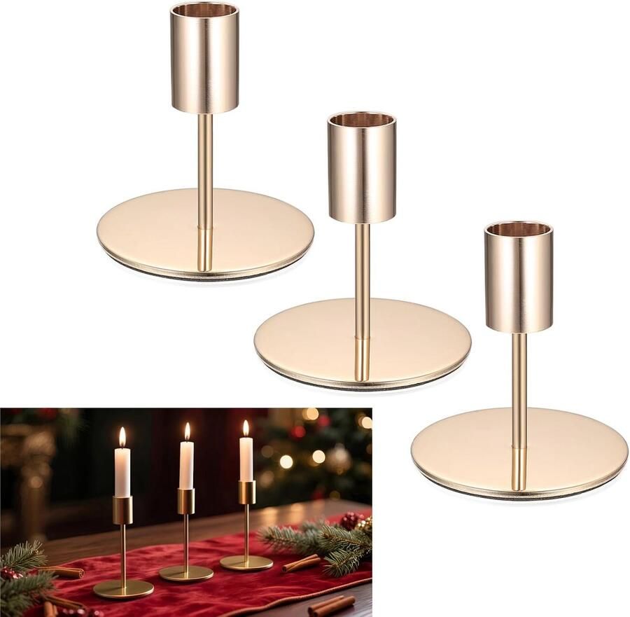 Set van 3 Vintage Gouden Kandelaars voor Kaarsen Elegante Decoratie voor Tafel Diner en Bruiloften