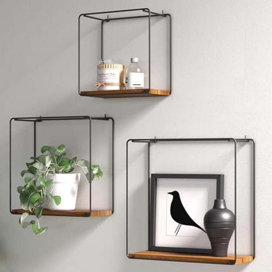 Set Van 3 Wandplank in Teakhout Boekenkast Meubels Wanddecoratie Stellingkast Decoratie Wandrek Matzwart Metalen Frame Decoratie Woonkamer Muurdecoratie Plank Zwevende Wandplank