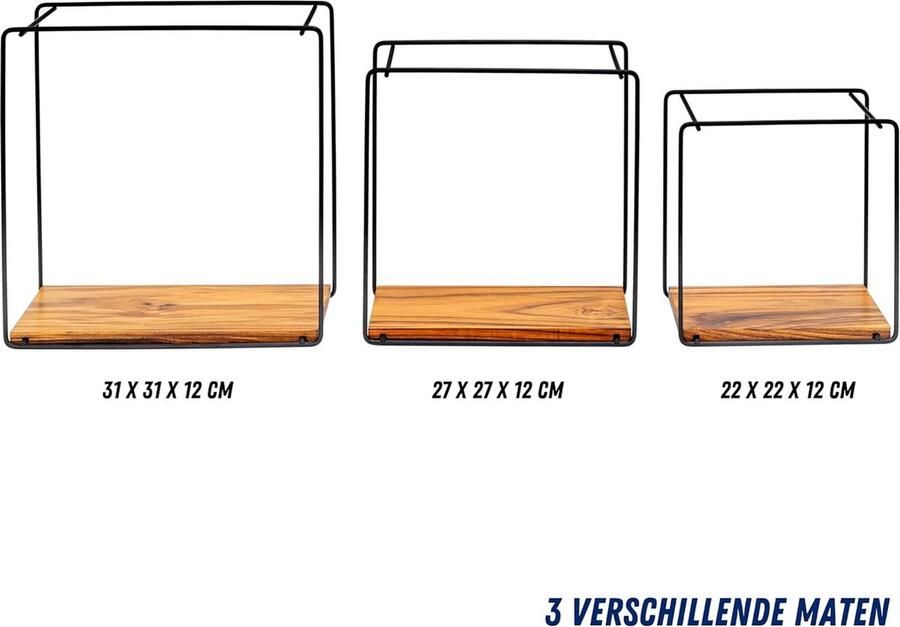 Set Van 3 Wandplank in Teakhout Boekenkast Meubels Wanddecoratie Stellingkast Decoratie Wandrek Matzwart Metalen Frame Decoratie Woonkamer Muurdecoratie Plank Zwevende Wandplank
