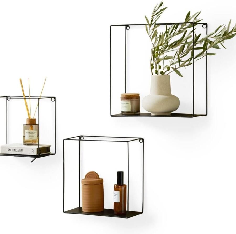 Set van 3 wandplanken in industrieel design hangende planken van zwart metaal elegante decoratieve vierkante planken voor boeken en keukengebruik gewichtslimiet 3 kg