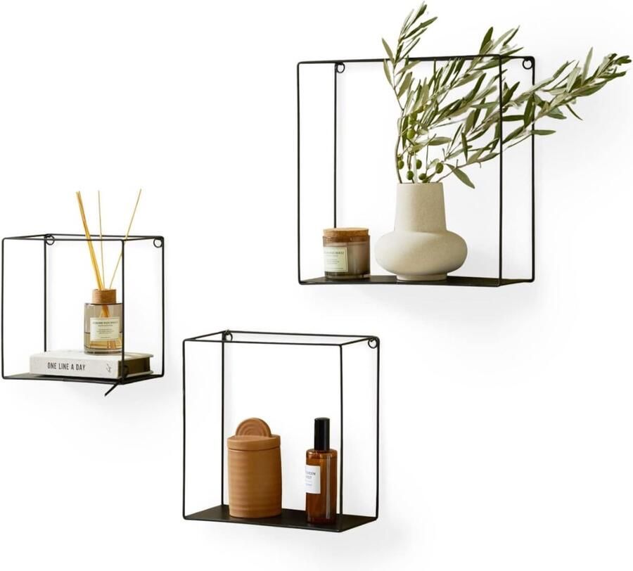 Set van 3 wandplanken in industrieel design hangende planken van zwart metaal elegante decoratieve vierkante planken voor boeken en keukengebruik gewichtslimiet 3 kg
