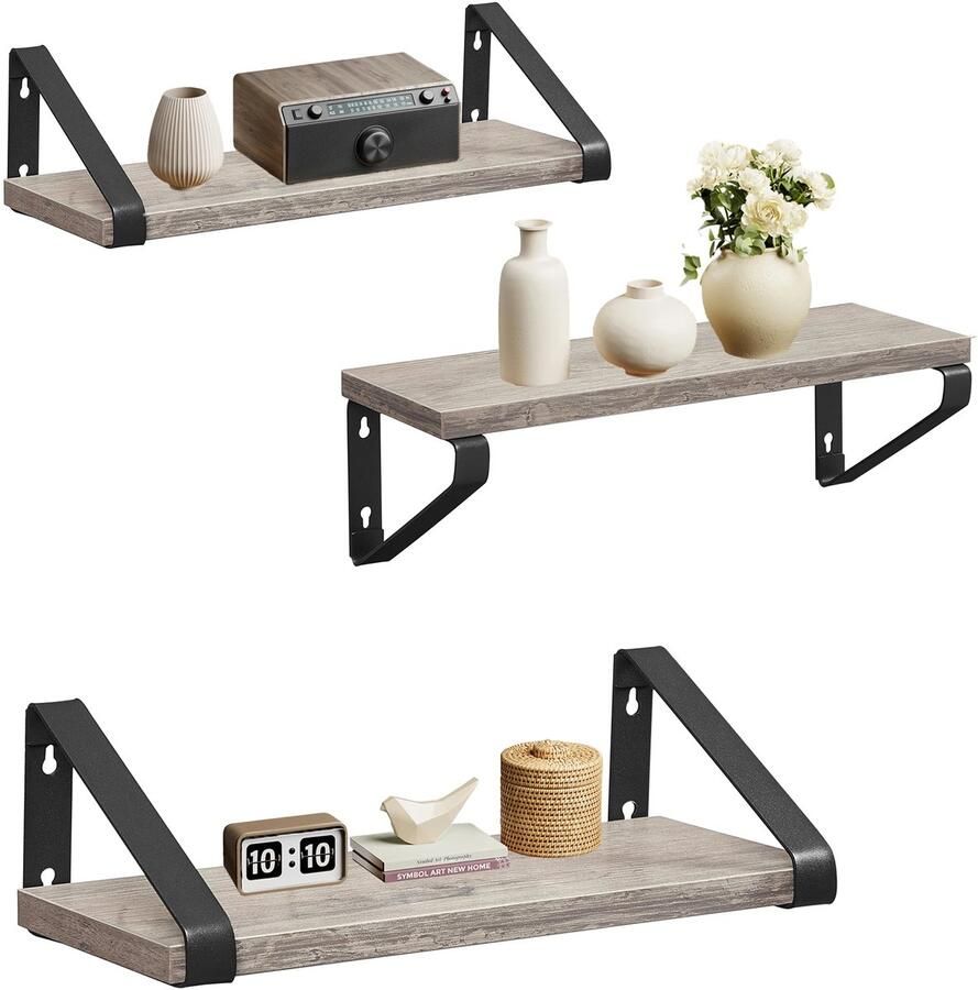 Set van 3 Wandplanken – Industrieel Ophangrek – Houten Planken met Stalen Frame – 2 Montagemogelijkheden