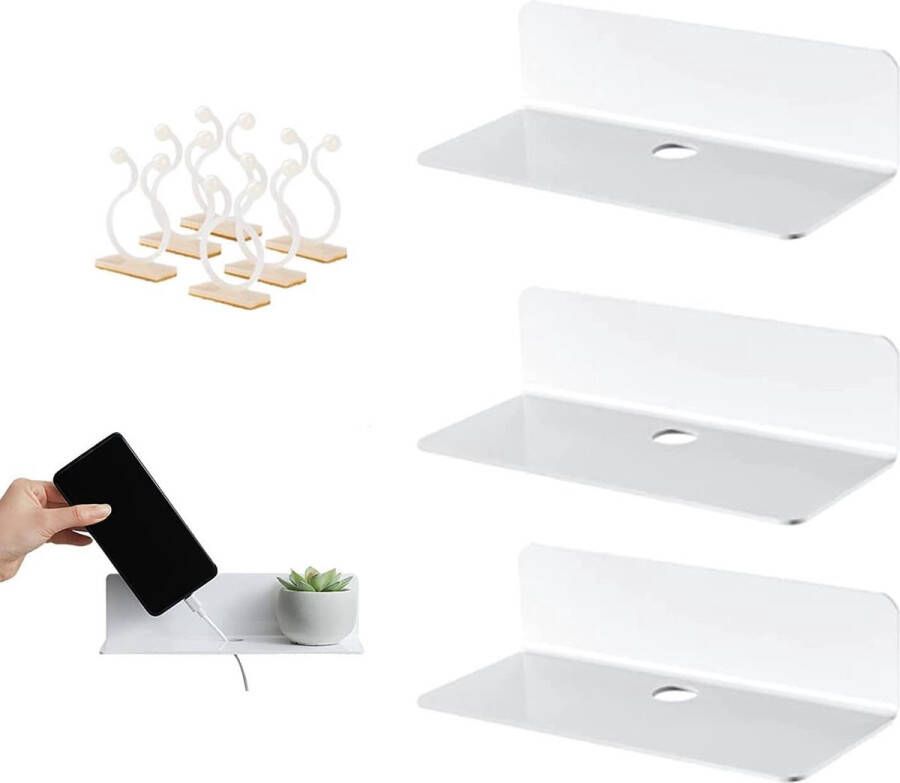 Set van 3 wandplanken met 6 Kabelklemmen Zwevende Acrylplank wandplanken voor slaapkamer badkamer keuken woonkamer kantoor speelkamer (Wit)