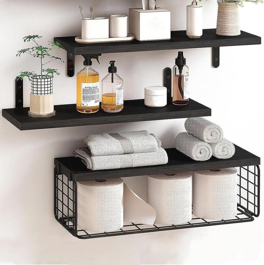 Set van 3 wandplanken met draadmand Multifunctionele houten planken voor badkamer slaapkamer keuken en woonkamer