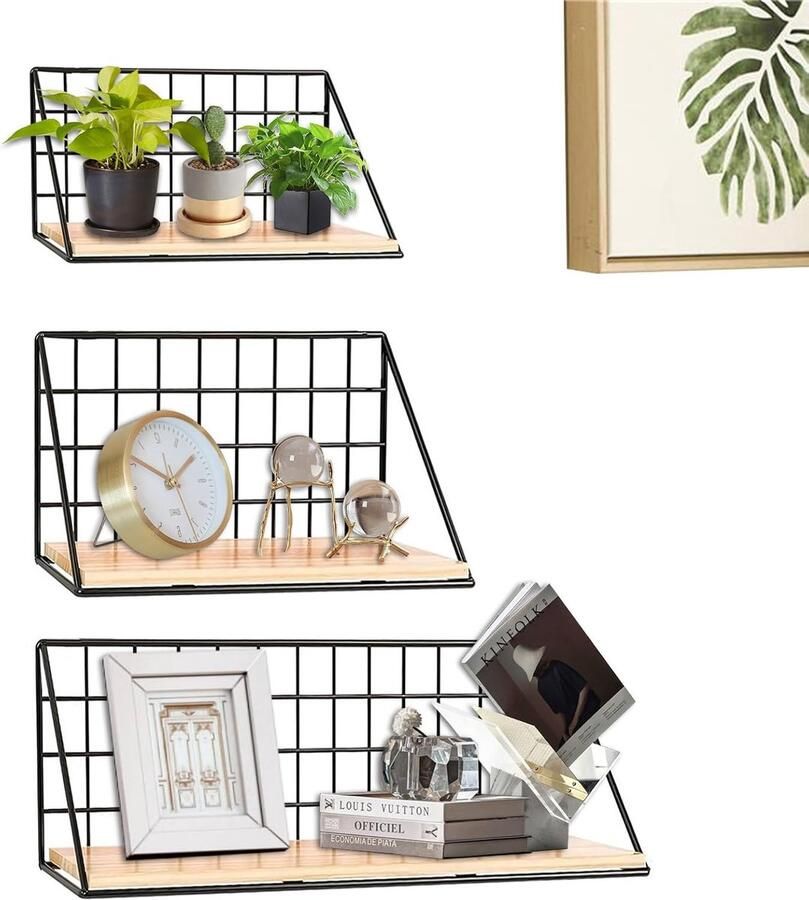 Set van 3 Wandplanken Metaal met Houten Kruislat Wanddecoratie Hangplank Floating Shelf in 3 Maten Zwart Keukenplank Wand Rooster Rek voor Woonkamer Slaapkamer Badkamer