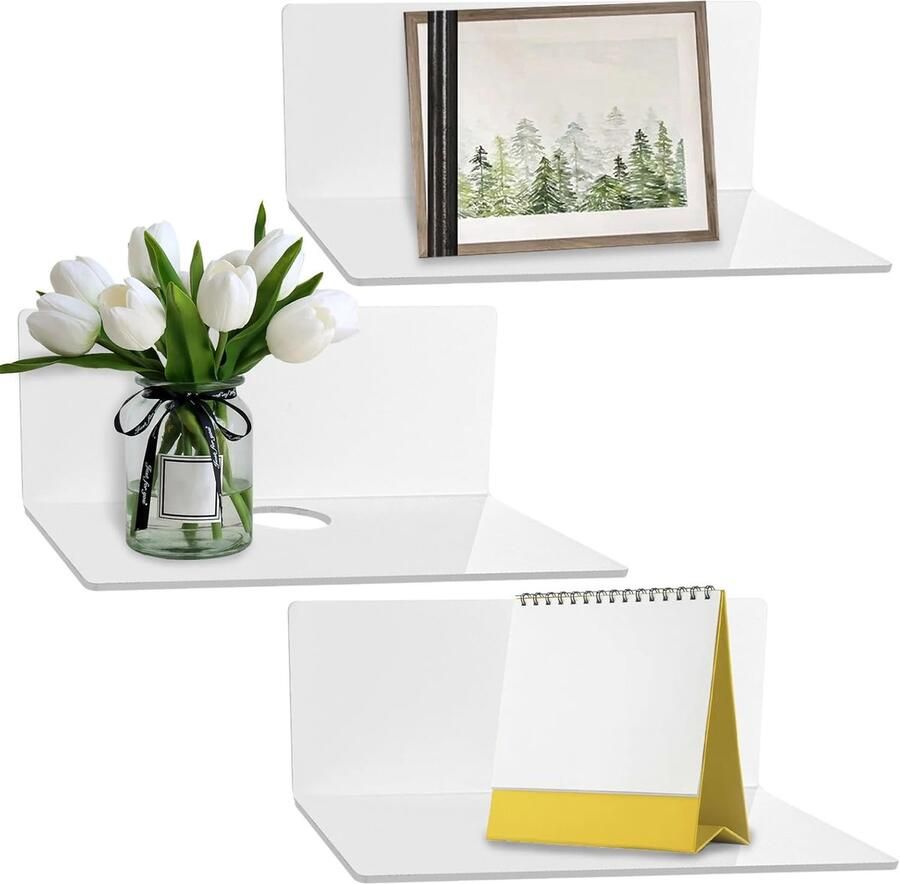 Set van 3 wandplanken mini zwevend rek wit acryl 23 x 9 cm