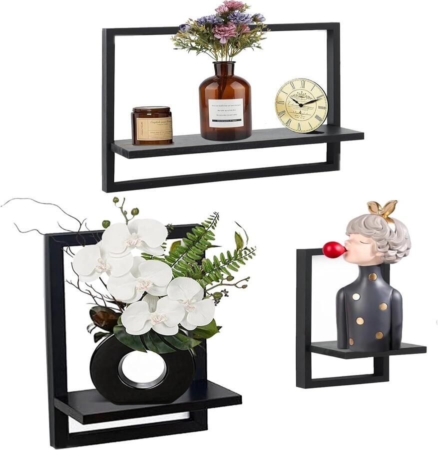 Set van 3 Wandplanken Moderne Industriële Stijl Zwart en Grenenhout