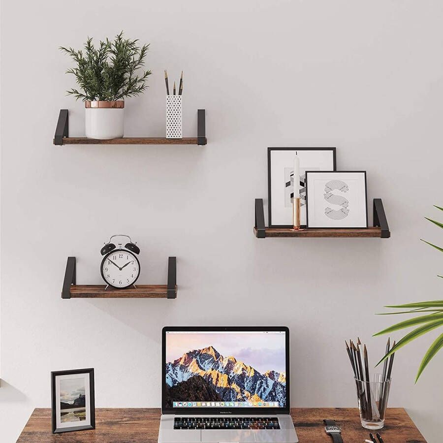 Vasagle EMOB Set van 3 wandplanken Sheldon rustiek bruin Wandplanken Bruin Metaal; Spaanplaat Wandplanken Op voorraad