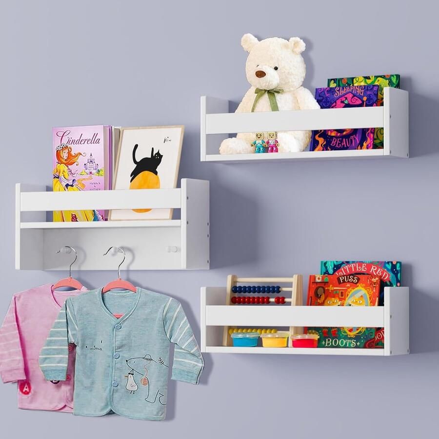 Set van 3 wandplanken voor kinderkamer zwevende boekenkast voor kinderen muur met haken wandrek boeken van grenenhout voor boeken speelgoed en decoratie wit