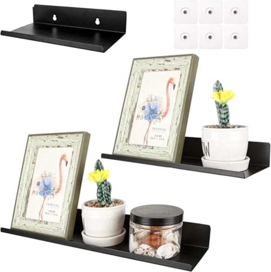 Set van 3 Wandplanken Zwart Metalen Wandplank voor Thuis en Kantoor 40 30 20 cm