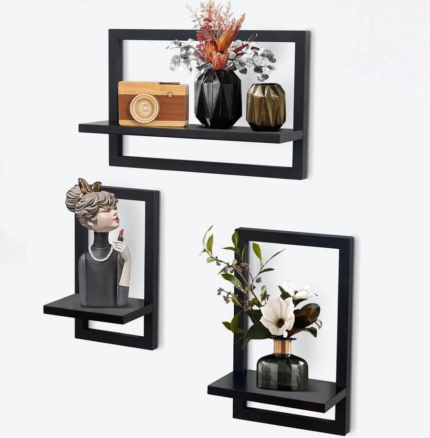 Set van 3 wandplanken zwevend rek voor wanddecoratie zwart hout