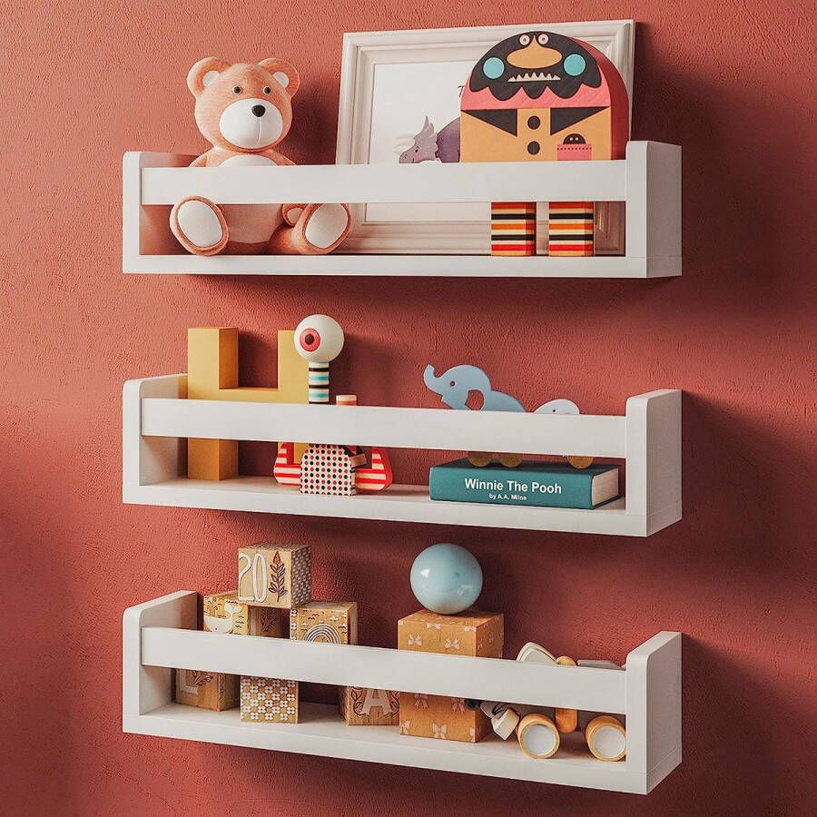 Set van 3 witte massief houten wandplanken kinderkamer ideaal voor boeken en speelgoed