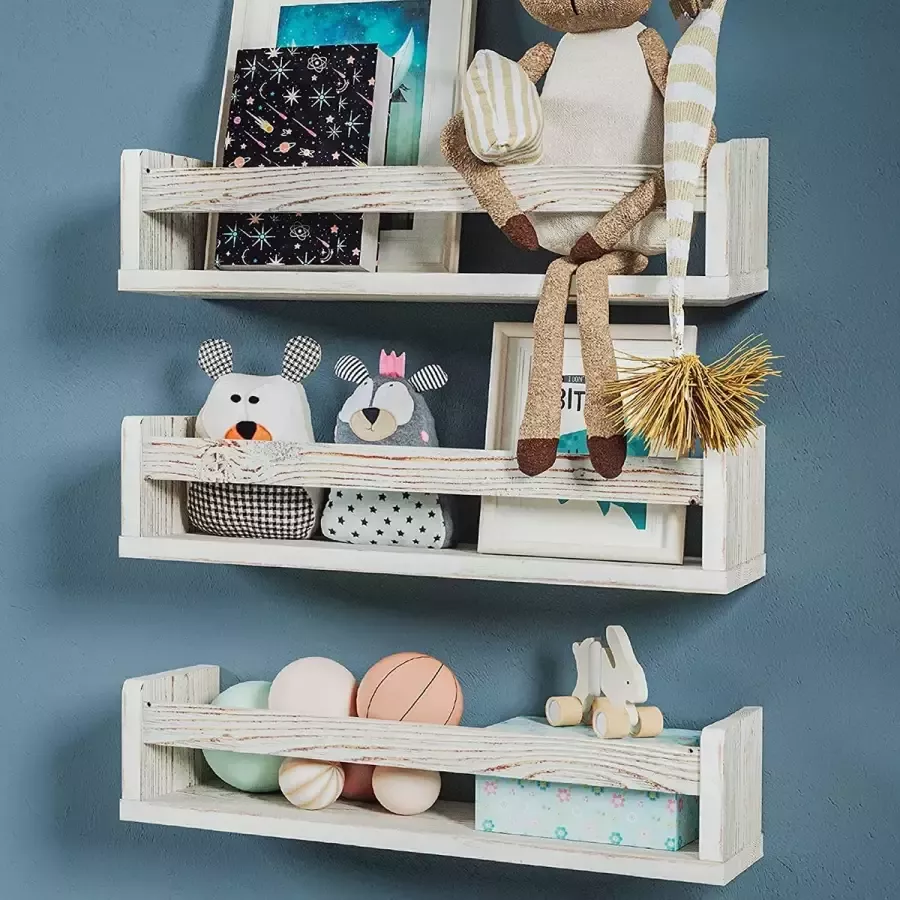 Set van 3 witte massief houten wandplanken Kinderkamer Ideaal voor boeken en speelgoed
