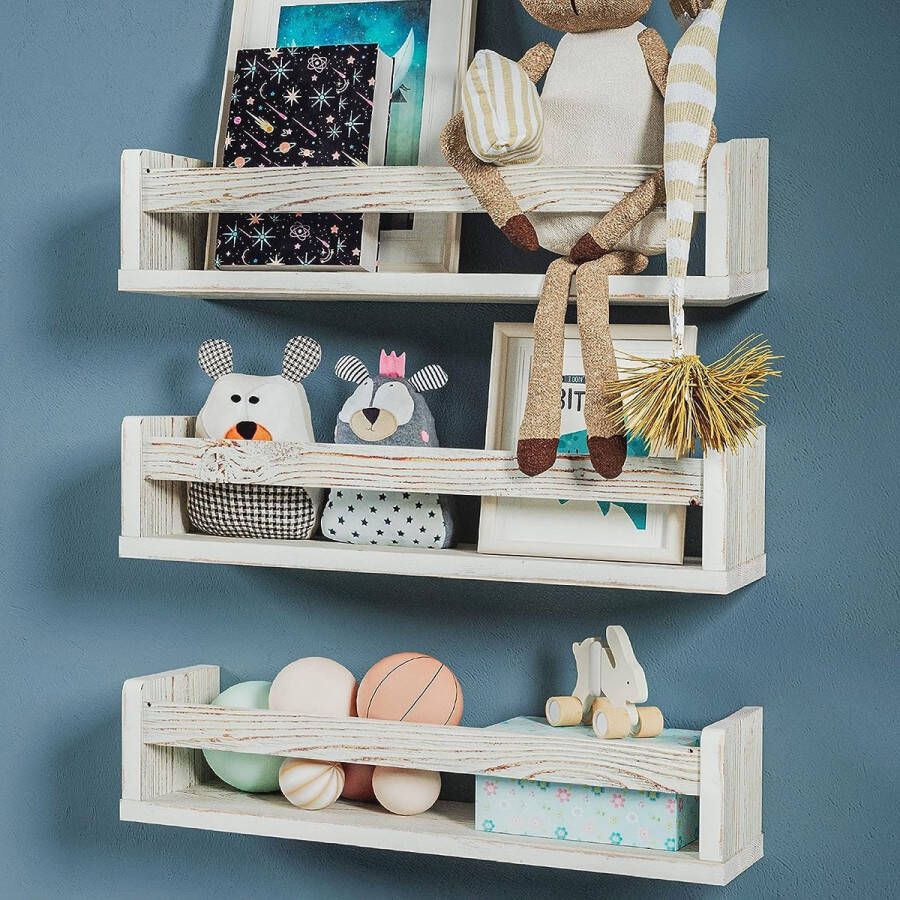 Set van 3 witte massief houten wandplanken Perfect voor de kinderkamer Ideaal voor het tentoonstellen van boeken en speelgoed