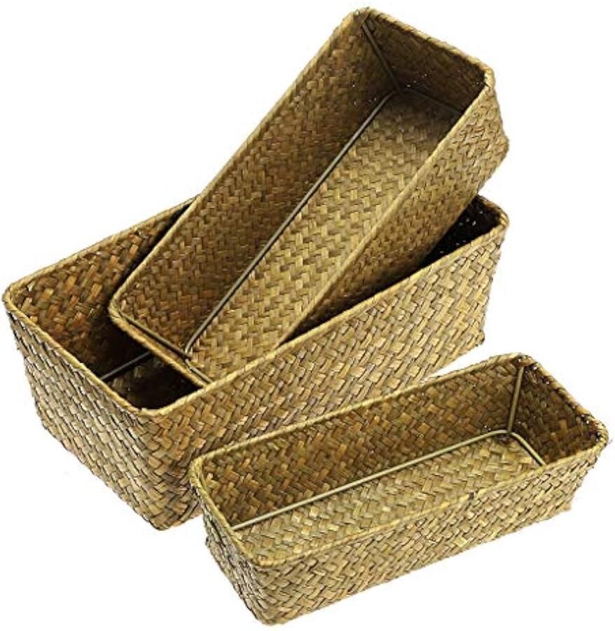 Set van 3 Zeegras Opbergmand Geweven Zeegras Desktop Basket Rechthoekige Organisator Box Planken & Bureau Decoratieve Mand voor Zonnestoelen briefpapier Speelgoed Cosmetica Boeken Gift Basket (Natuurlijke Kleur)