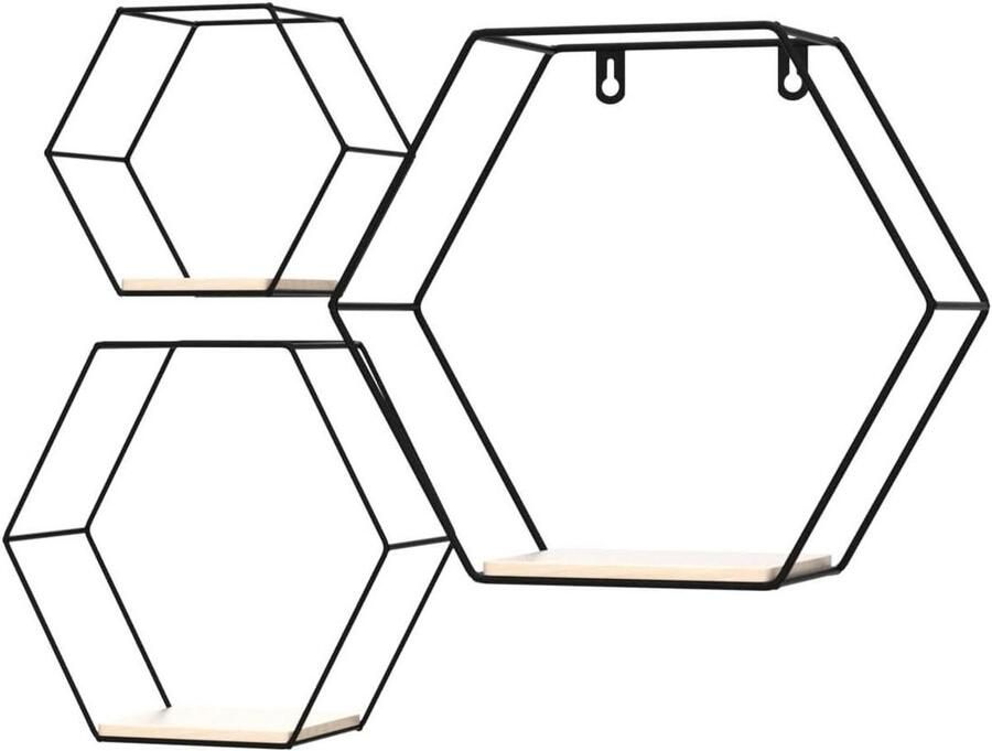 Set van 3 kleine zeshoekige wandplanken opbergrek frame decoratie metalen hoek industrieel